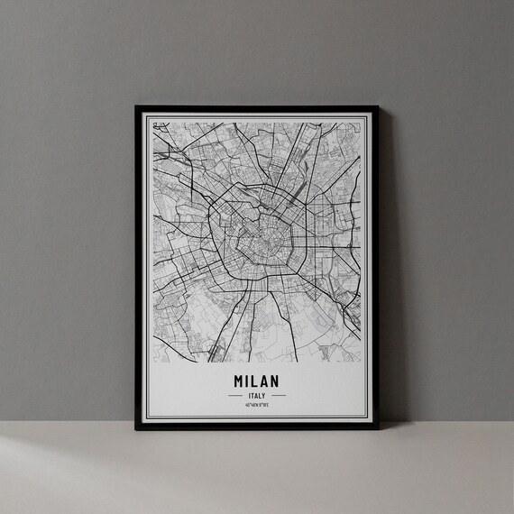 Milan Italy Minimalist Black White City Street Map Art Poster