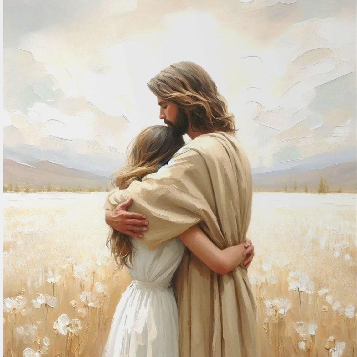Embrace Of Love, Jesus Hugging Girl Art Print