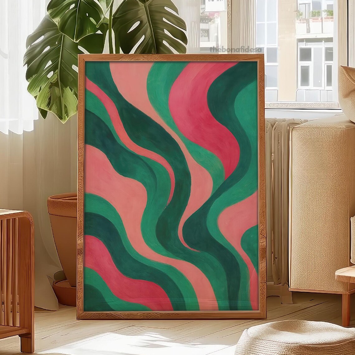 Retro Pink and Green Wavy Lines Mid Century Abstract Wall Art
