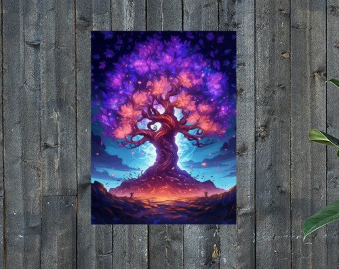 Glowing Tree of Life Purple Fantasy Art Cozy Bedroom Decor Poster - Image 3