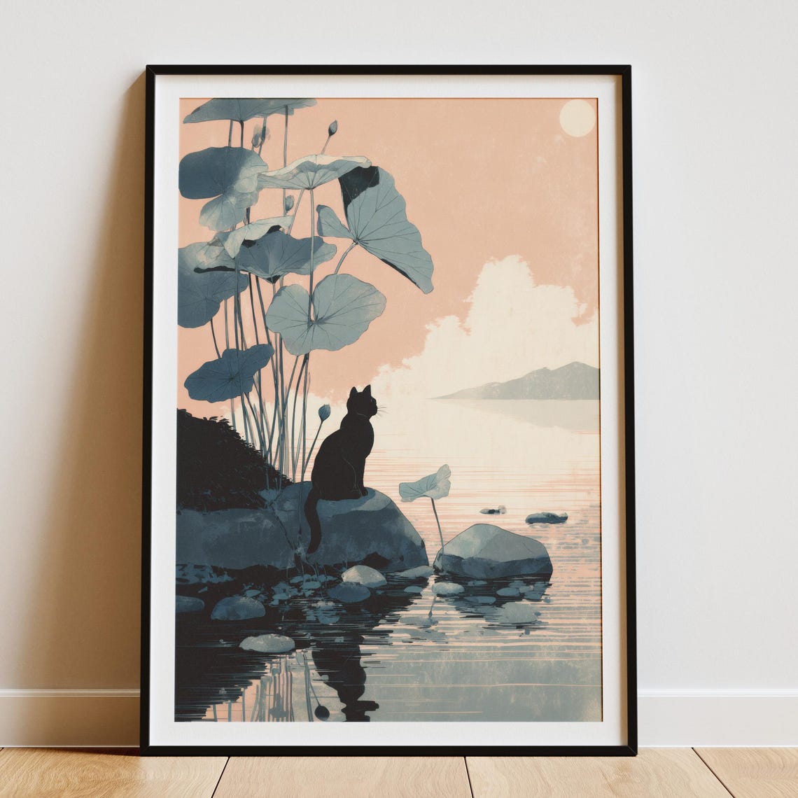 Japandi Cat Poster With Pond Minimal Zen Wall Art