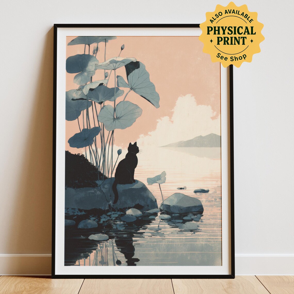 Black Cat By Lotus Pond At Sunset Japandi Water Scene Poster