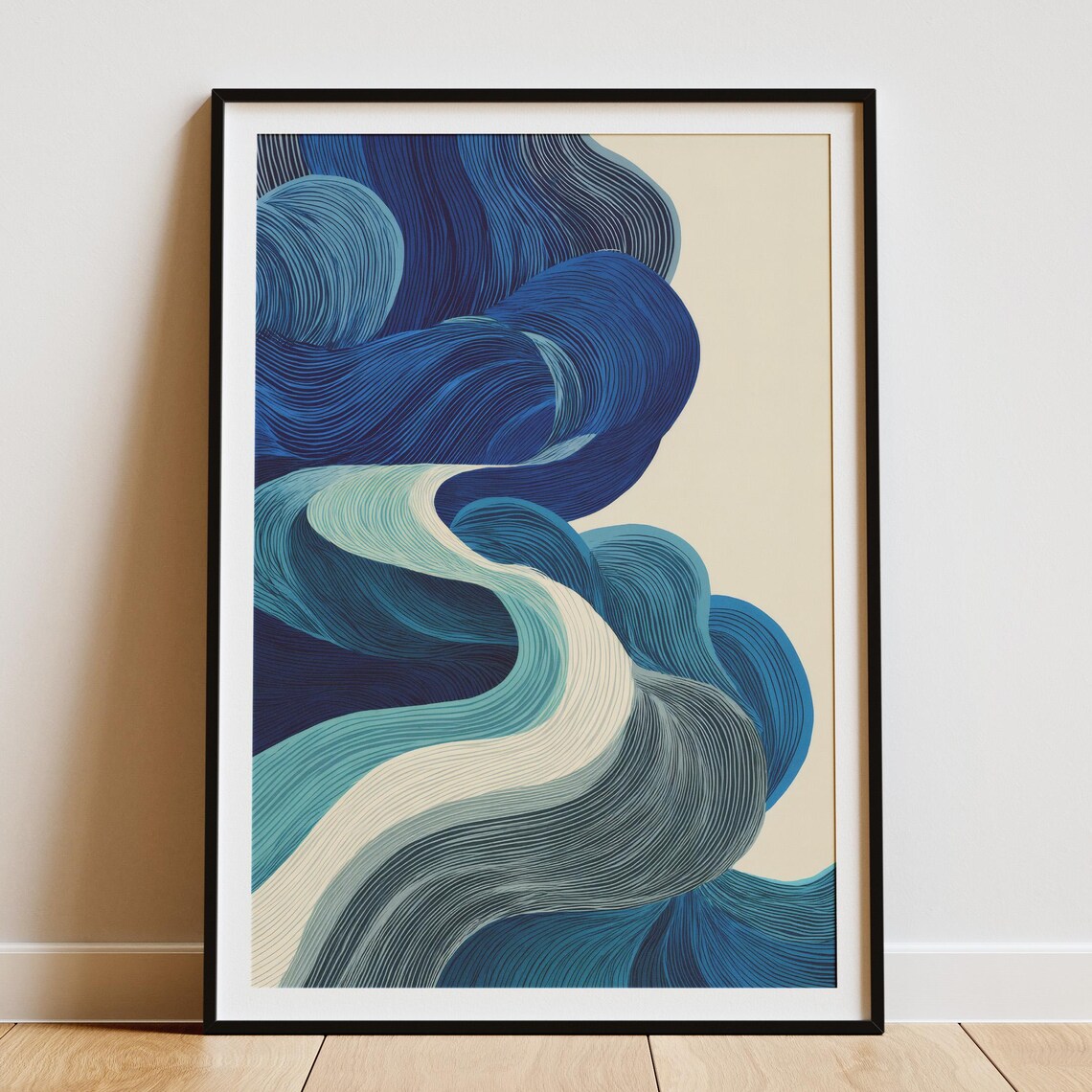 Blue Japandi Wave Art Print, Minimalist Zen Decor