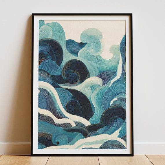 Blue Japandi Wave Art Print Minimalist Zen Ocean Poster