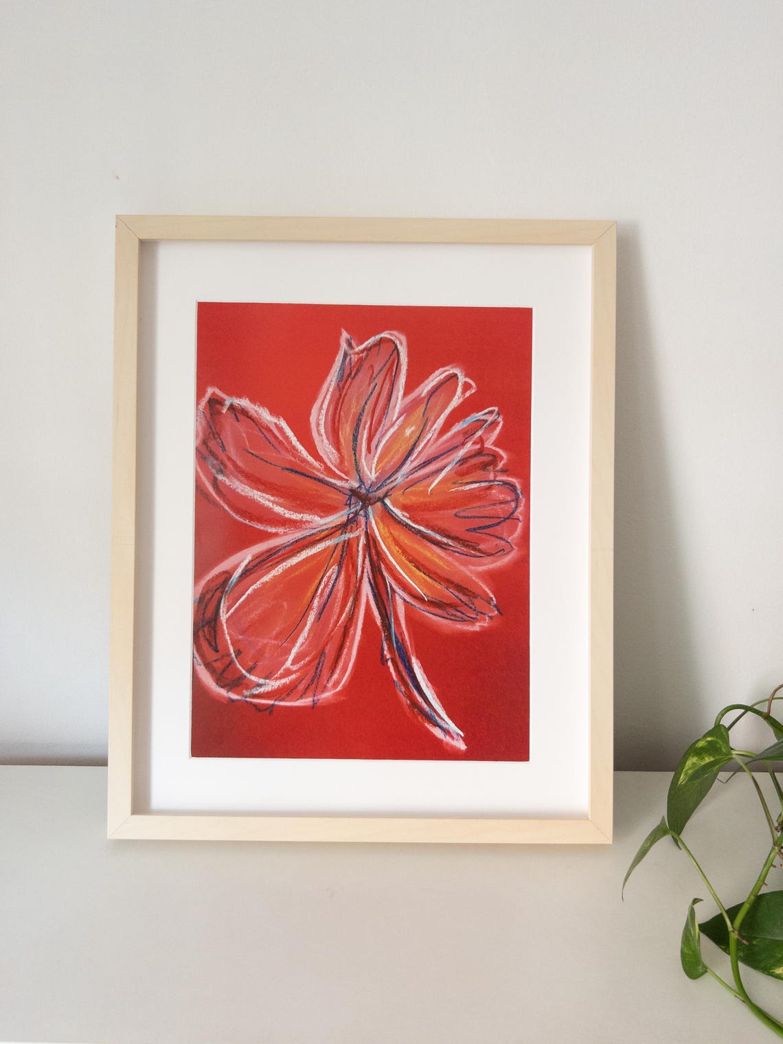 Bold Red Flower Sketch Abstract Botanical Line Drawing Art Poster