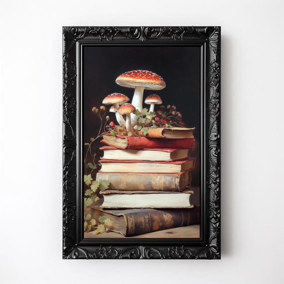 Vintage Books Mushroom Art Print Botanical Library Painting Dark Academia Cafe Writer Gift Reading Nook Classroom Decor Moody