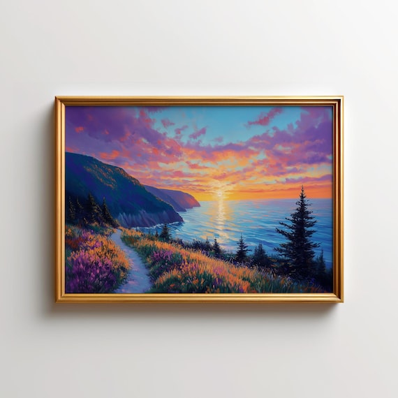 Vivid Coastal Sunset over Cliff Path and Wildflowers Art Poster
