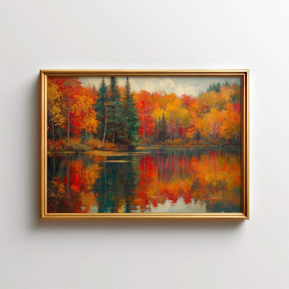 Autumn Lake Superior Art Painting Fall Foliage Minnesota Forest Wall National Print Cottage Decor Cabin