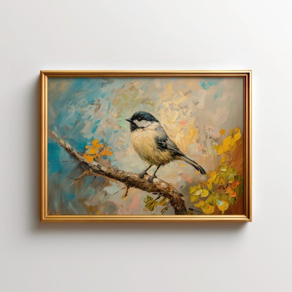 Chickadee Painting Bird Wall Art Autumn Illustration Wildlife Print Nature Decor Cottage Home Accent
