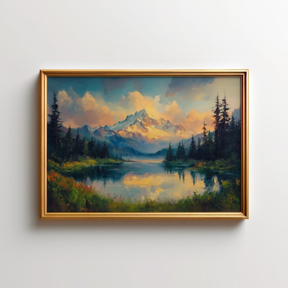 Snowcapped Mountain Sunrise Lake Reflection Painting Wall Art