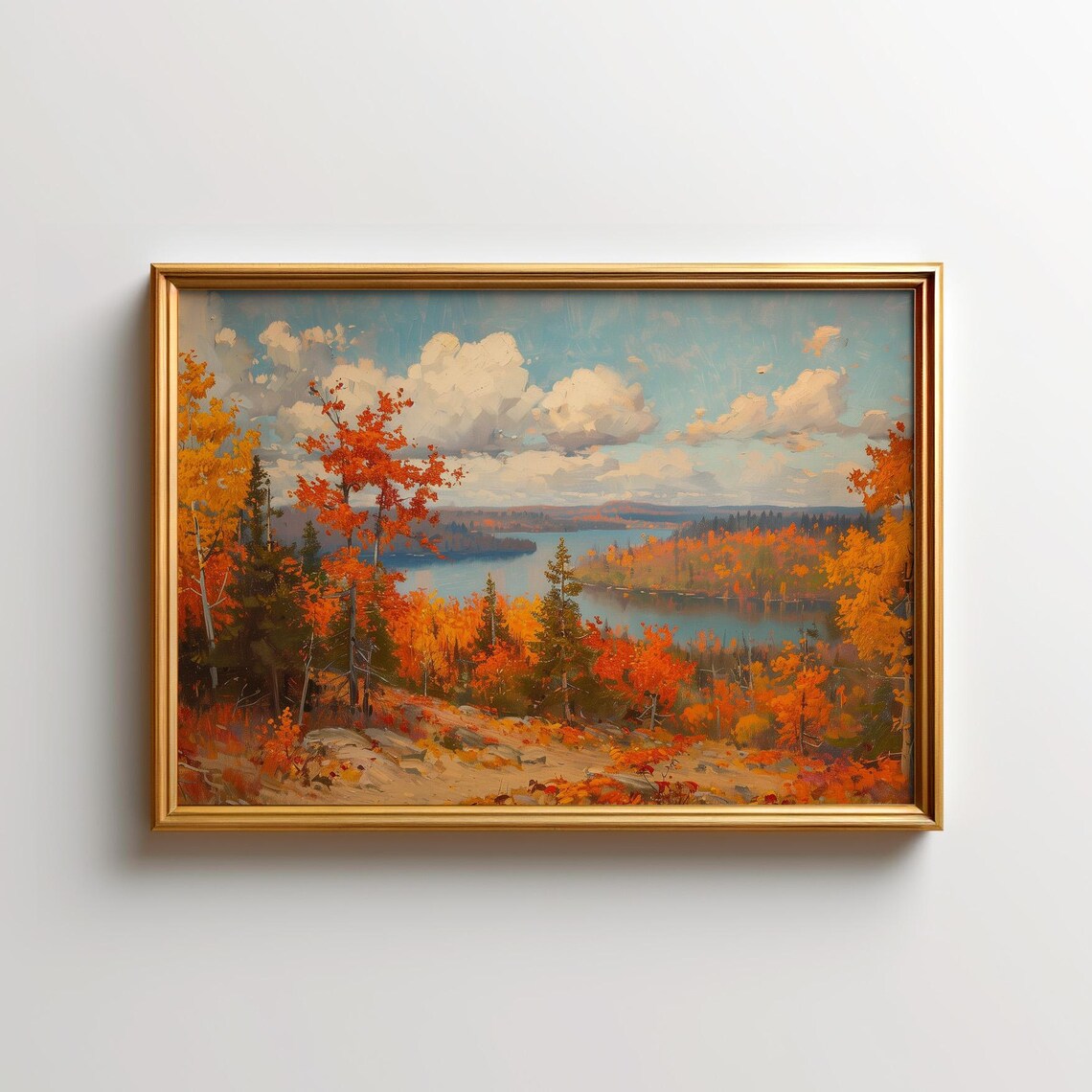 Autumn Maple Lake Landscape Painting Fiery Fall Foliage Poster