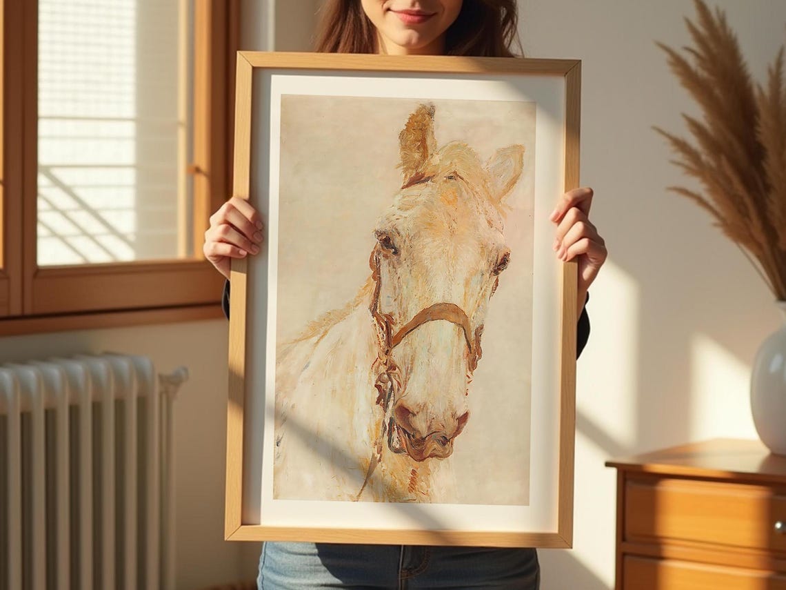 White Horse Head Vintage Equestrian Portrait Neutral Wall Poster - Image 4