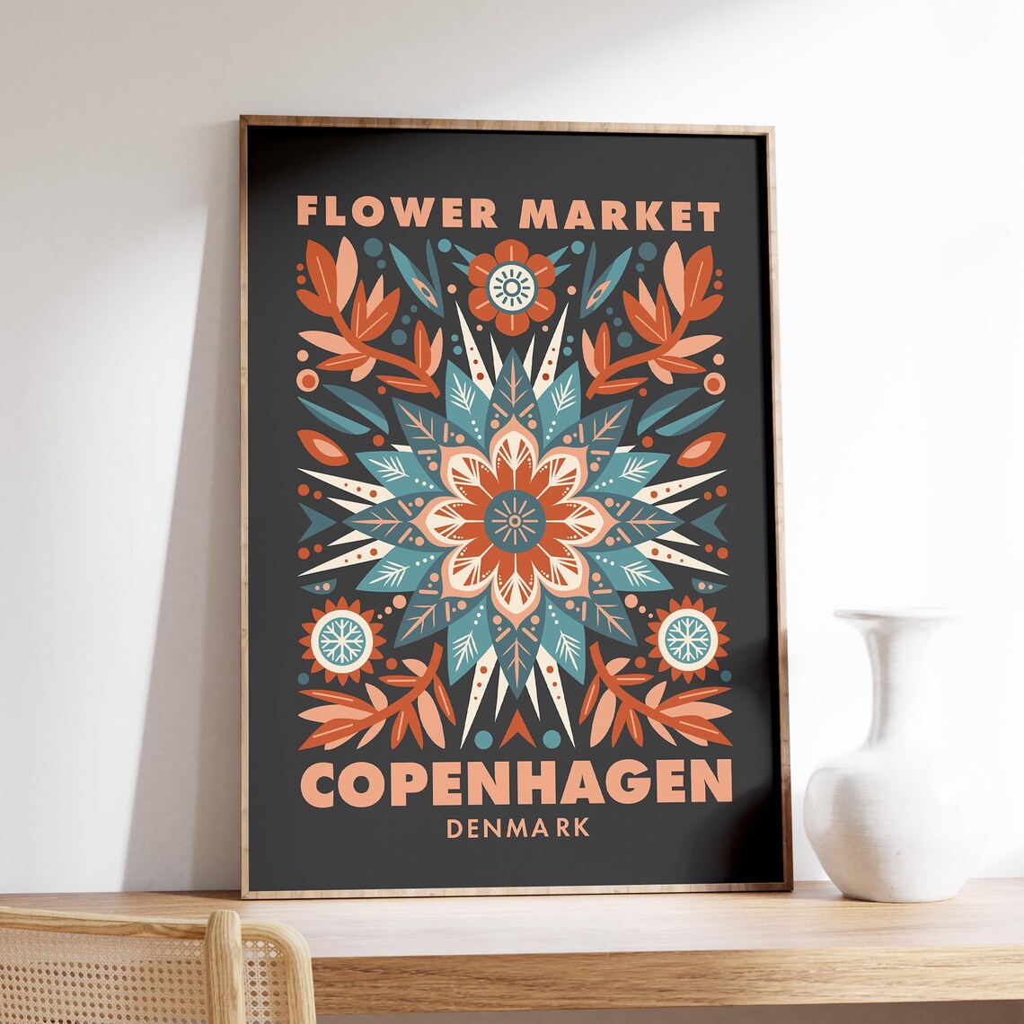 Flower Market Copenhagen Denmark Folk Floral Dark Boho Art Poster