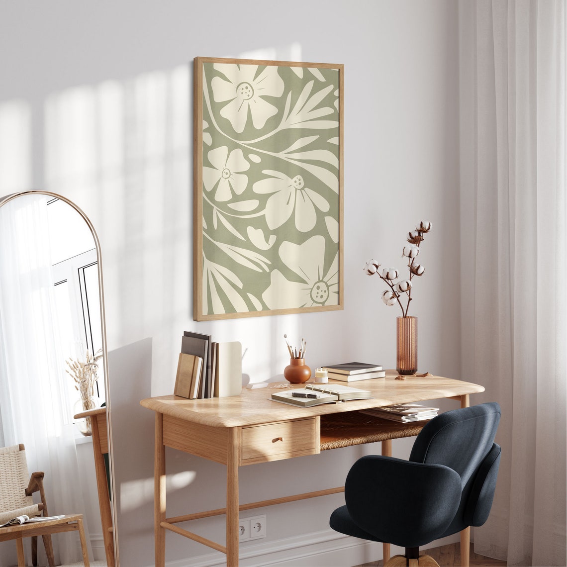 Sage Green Botanical Cream Flowers Floral Mid Century Wall Poster - Image 5