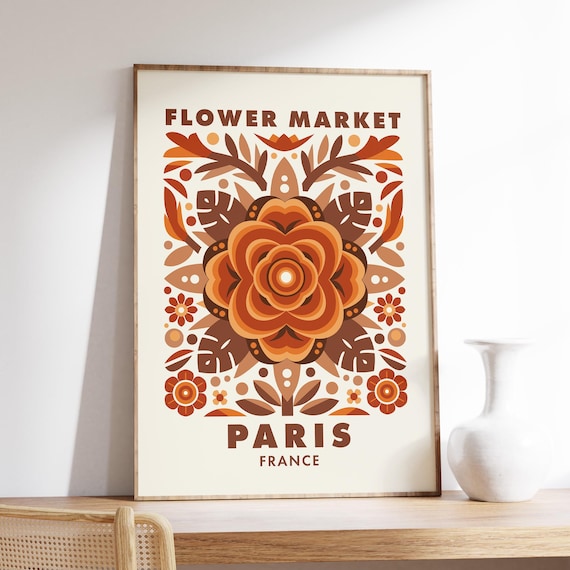 Flower Market Paris France Autumn Folk Floral Medallion Art Poster