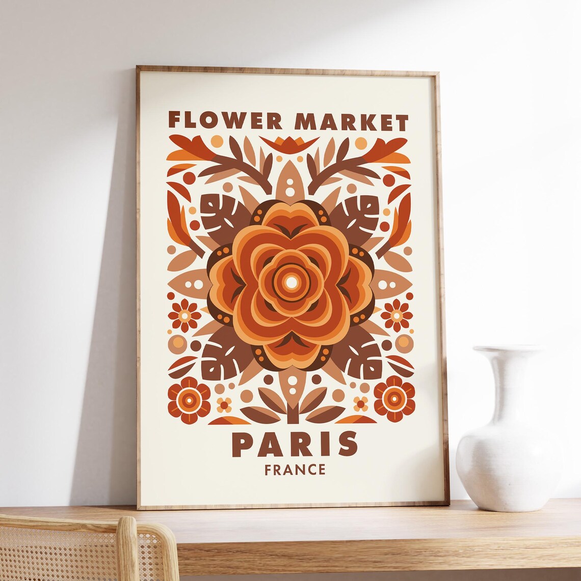 Flower Market Paris France Autumn Folk Floral Medallion Art Poster