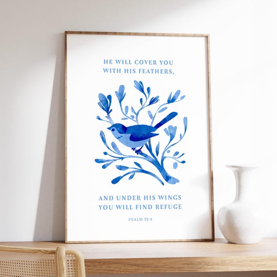 Psalm 914 He Will Cover You With His Feathers Bible Verse Wall Art Christian Home Decor Gifts Scripture Print Instant