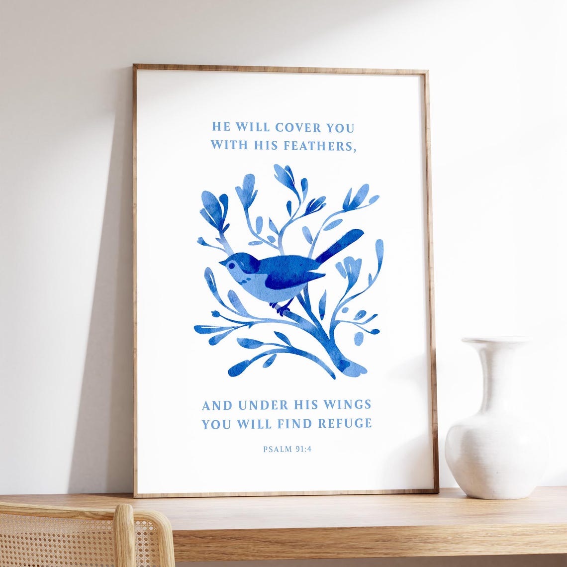 Psalm 914 Under His Wings You Will Find Refuge Blue Bird Art Poster