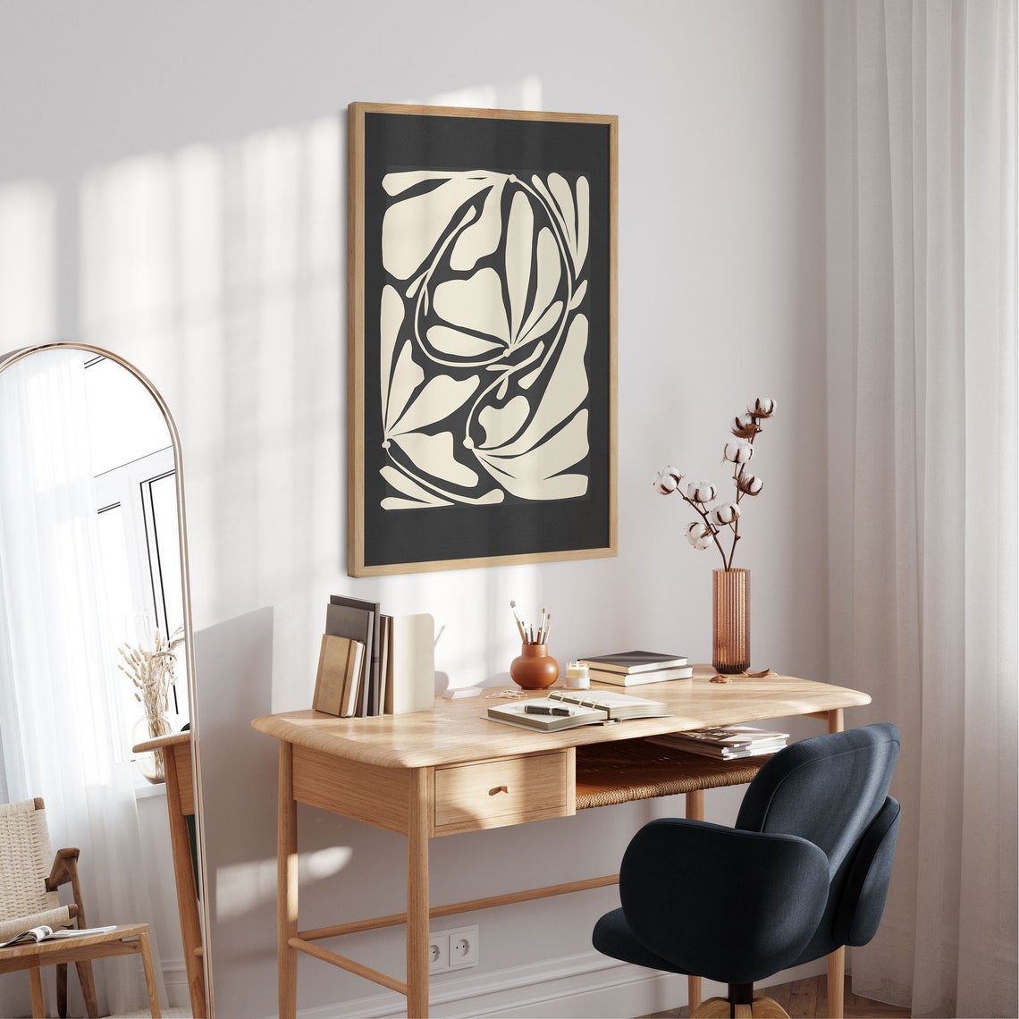 Abstract Botanical Leaf Shapes Black Cream Mid Century Modern Poster - Image 5
