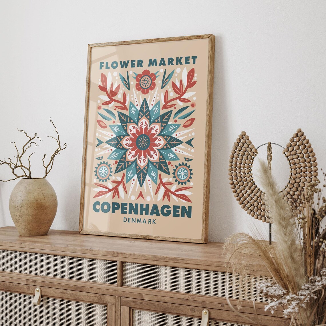 Flower Market Copenhagen Denmark Folk Art Floral Illustration Poster - Image 2