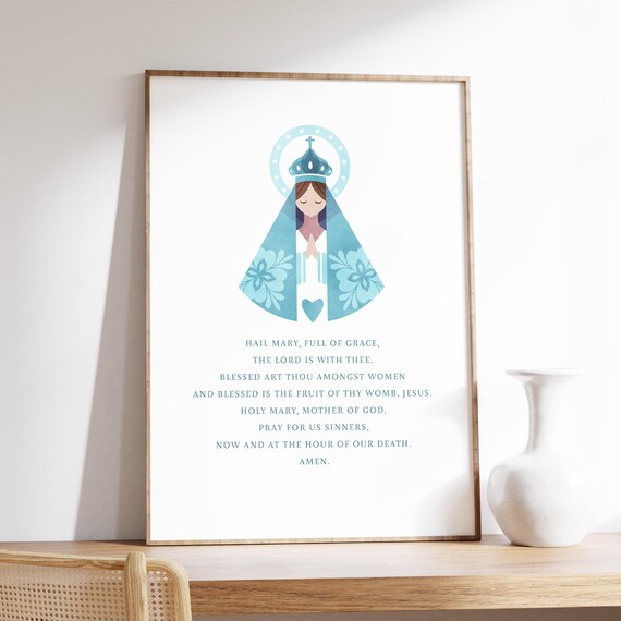 Hail Mary Prayer Virgin Mary Blue Folk Catholic Devotion Art Poster