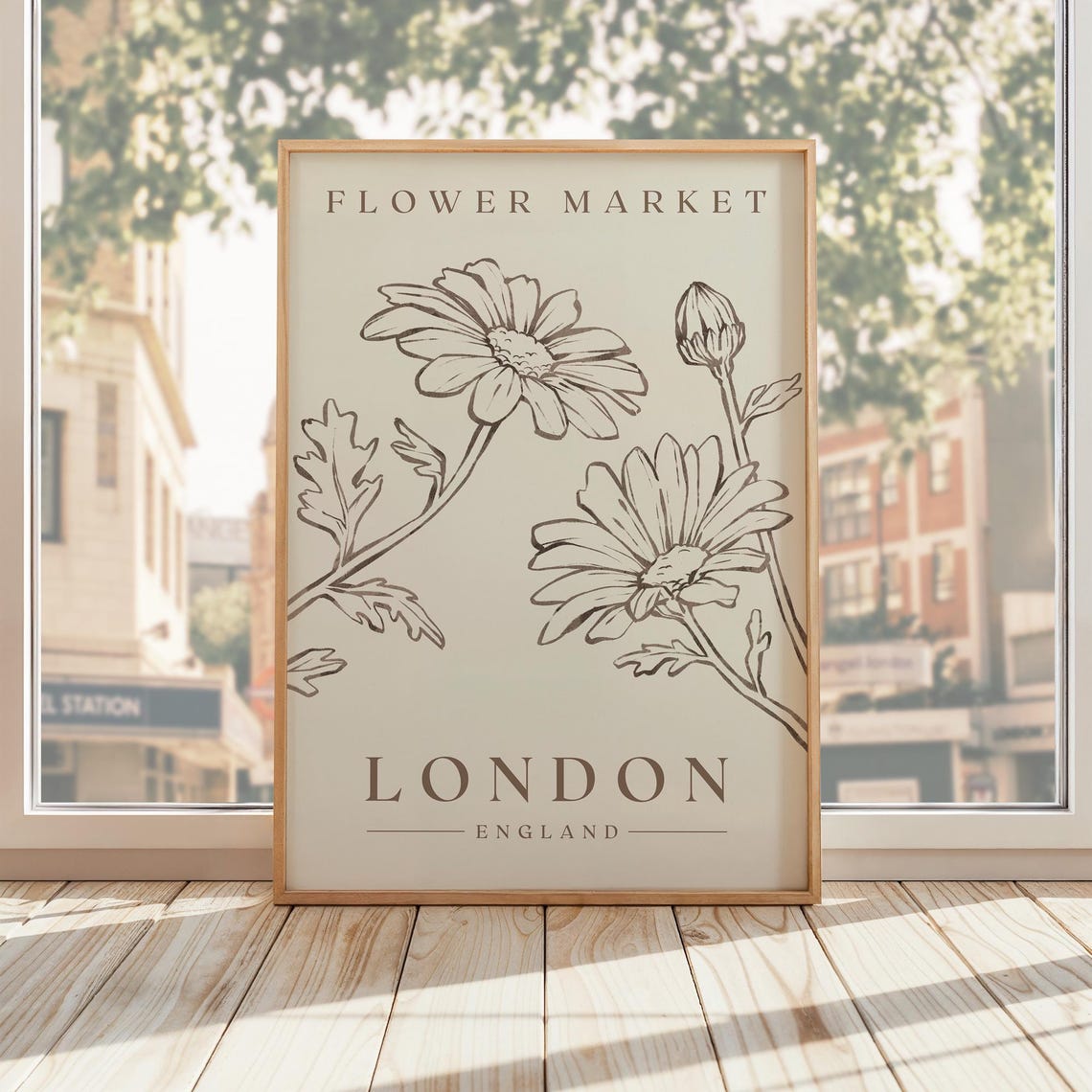 London Flower Market Print Luxury Minimalist Neutral Wall Art Daisy Illustration England Flower Market Sign London Travel Poster Wall Art - Image 2