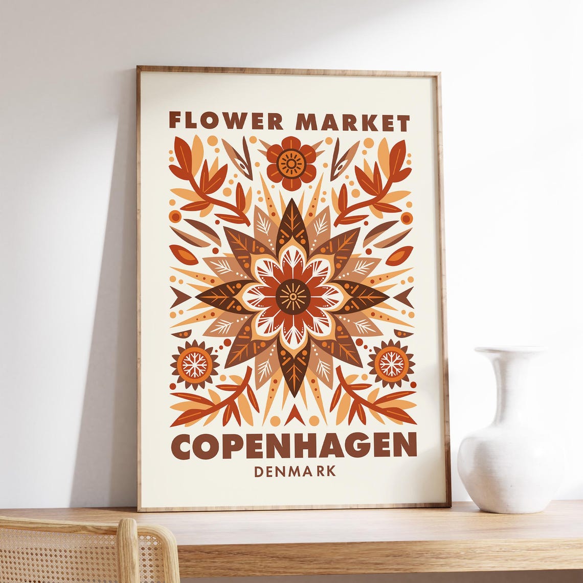 Copenhagen Denmark Flower Market Folk Art Rust Orange Floral Poster