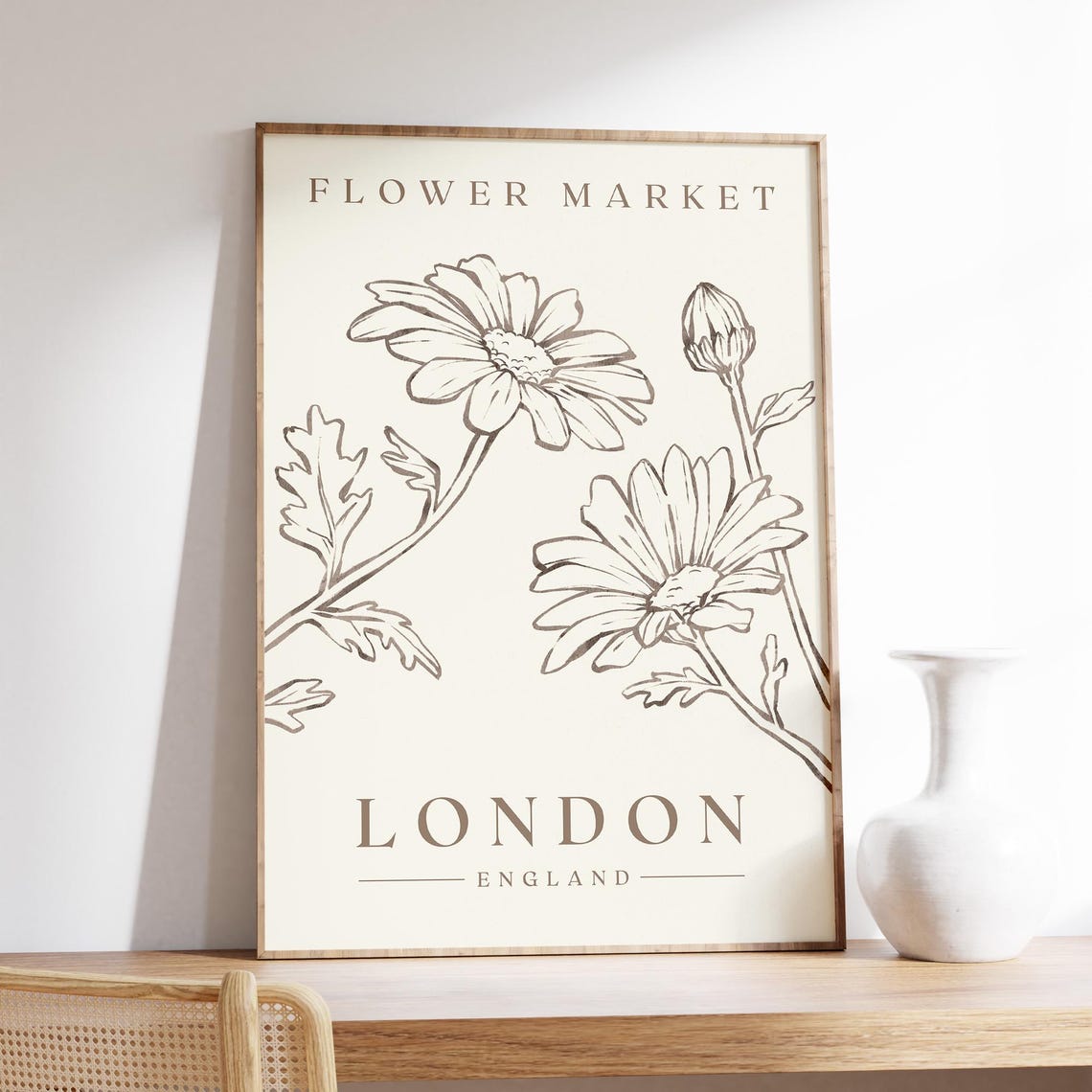 London Flower Market Print Luxury Minimalist Neutral Wall Art Daisy Illustration England Flower Market Sign London Travel Poster Wall Art