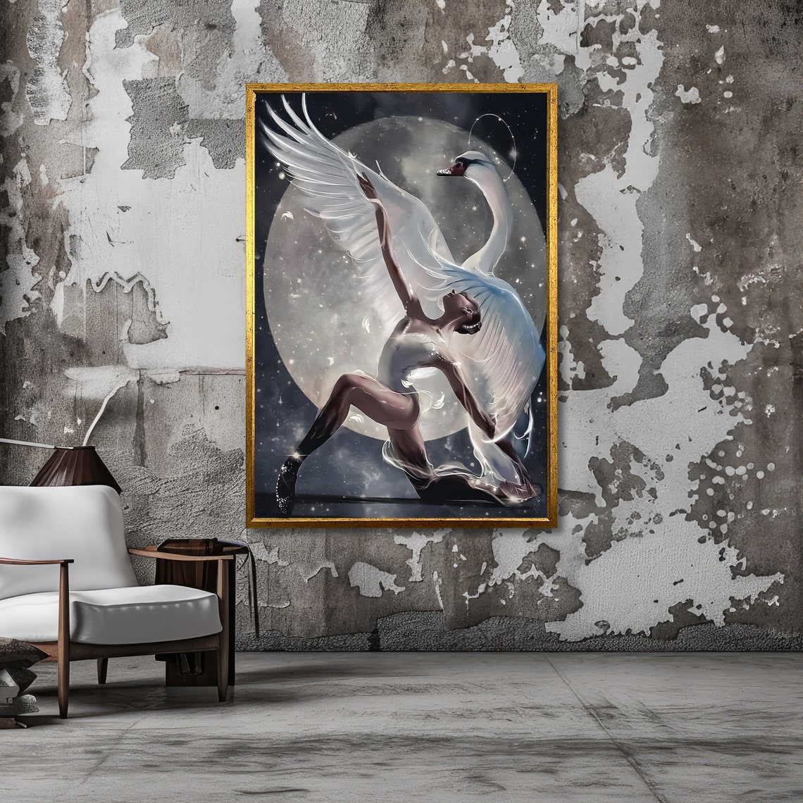 Ballerina with Swan Wings Fantasy Moonlight Dance Art Poster - Image 2