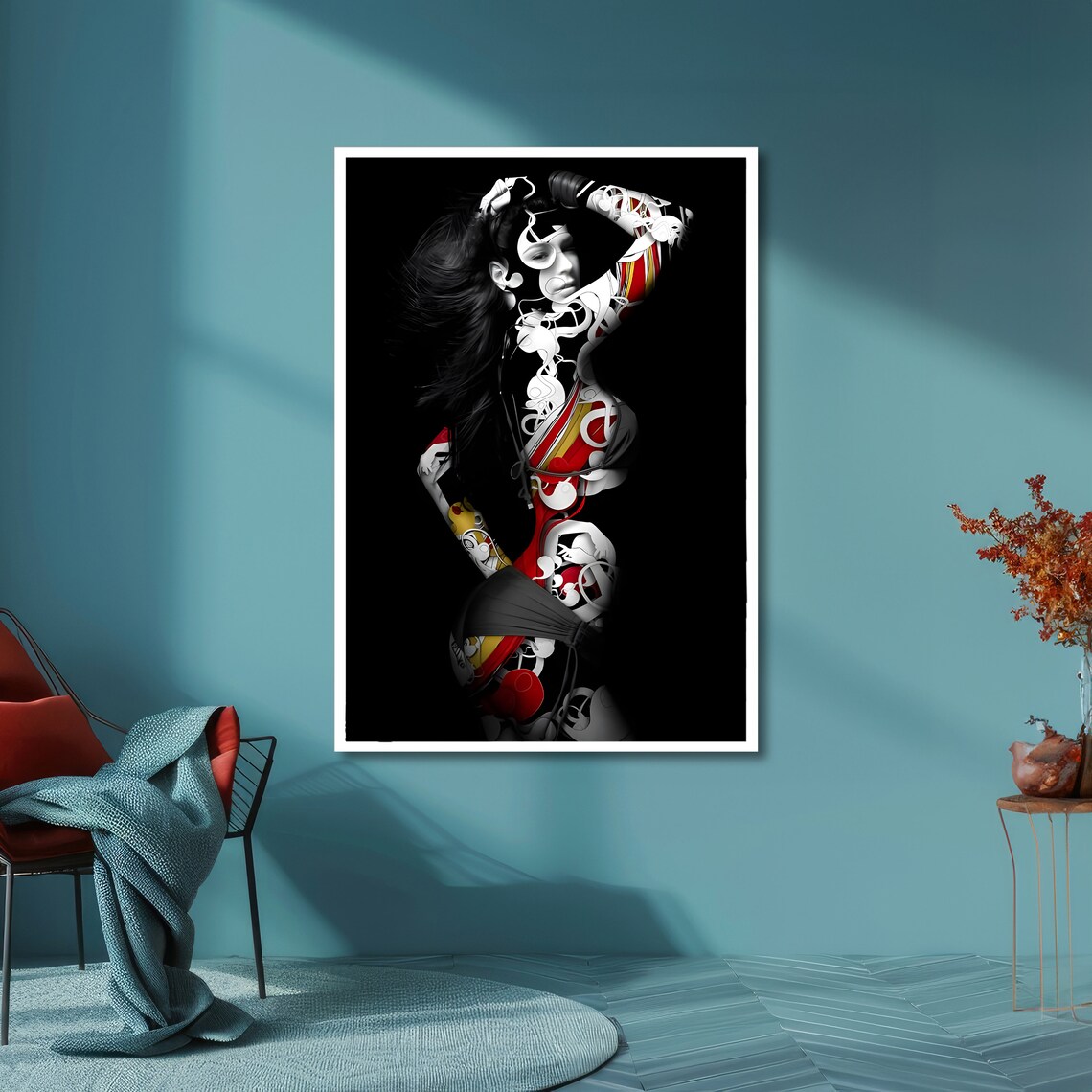 Woman Silhouette Red Graffiti Patterns Black Background Poster - Image 5