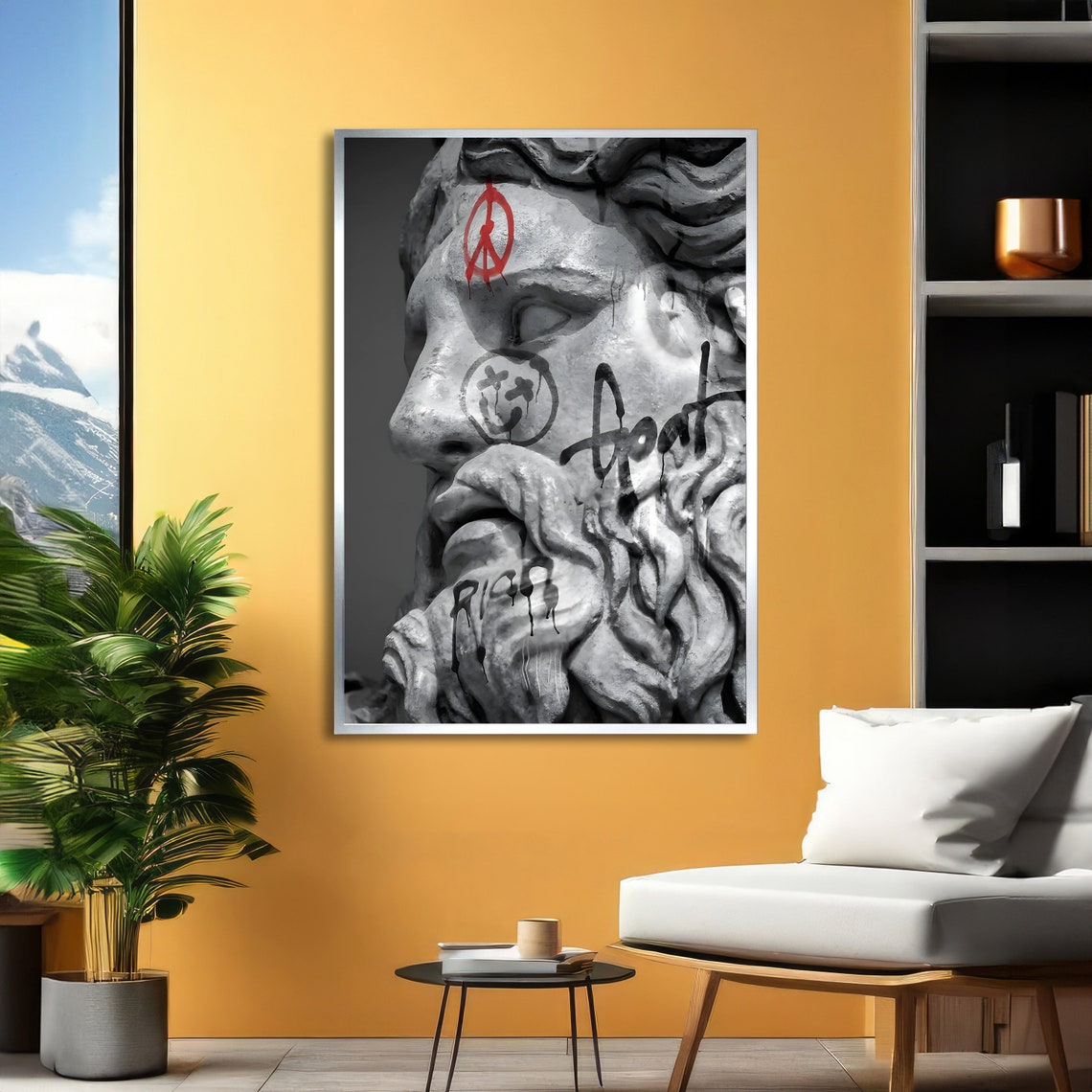 Graffiti Zeus Statue Head with Red Peace Sign Urban Street Art Poster - Image 2