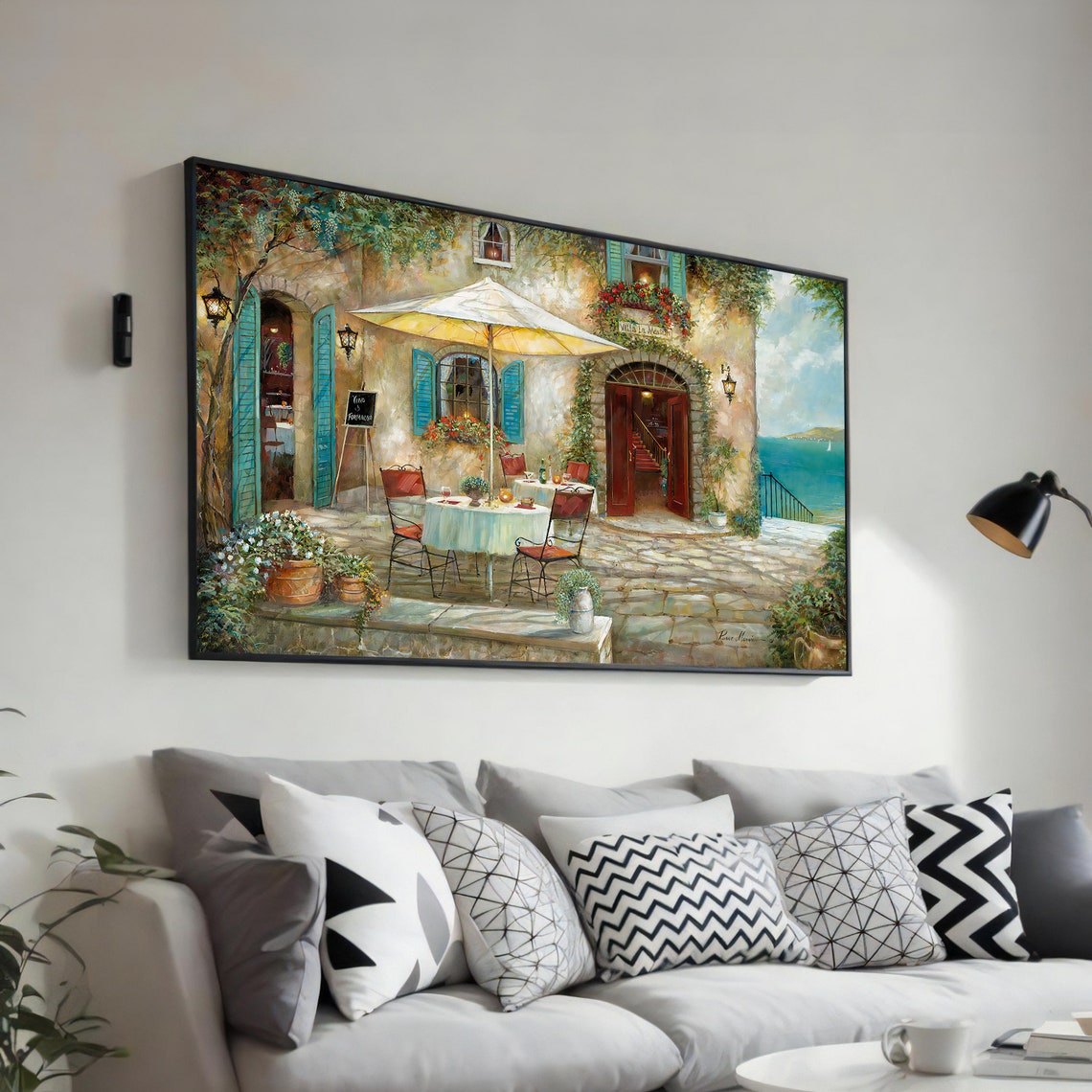 Mediterranean Seaside Cafe Terrace Turquoise View Art Poster