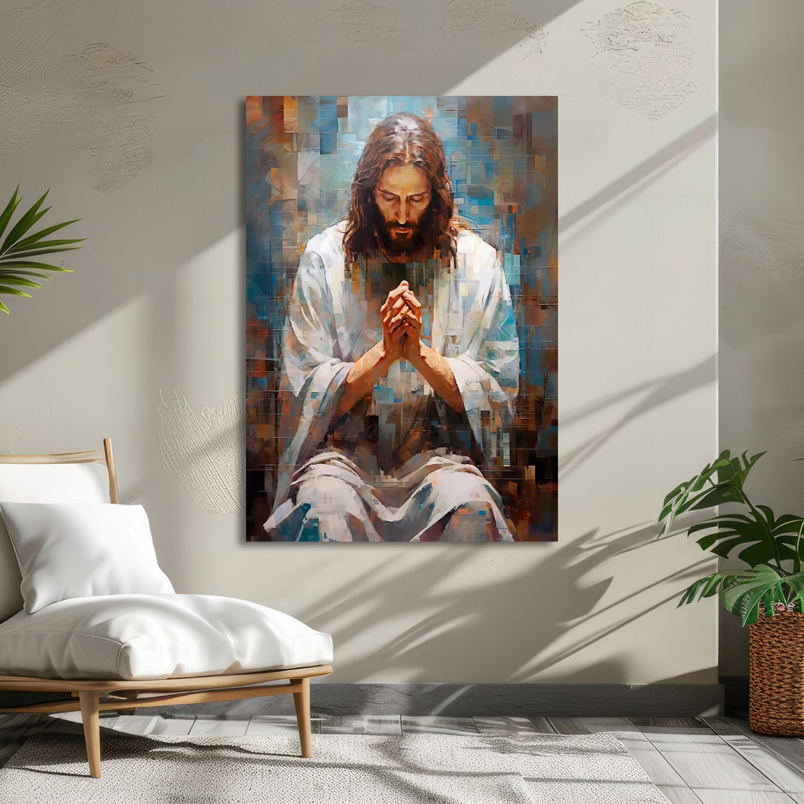 Jesus Christ Praying with Folded Hands Modern Textured Art Poster - Image 3