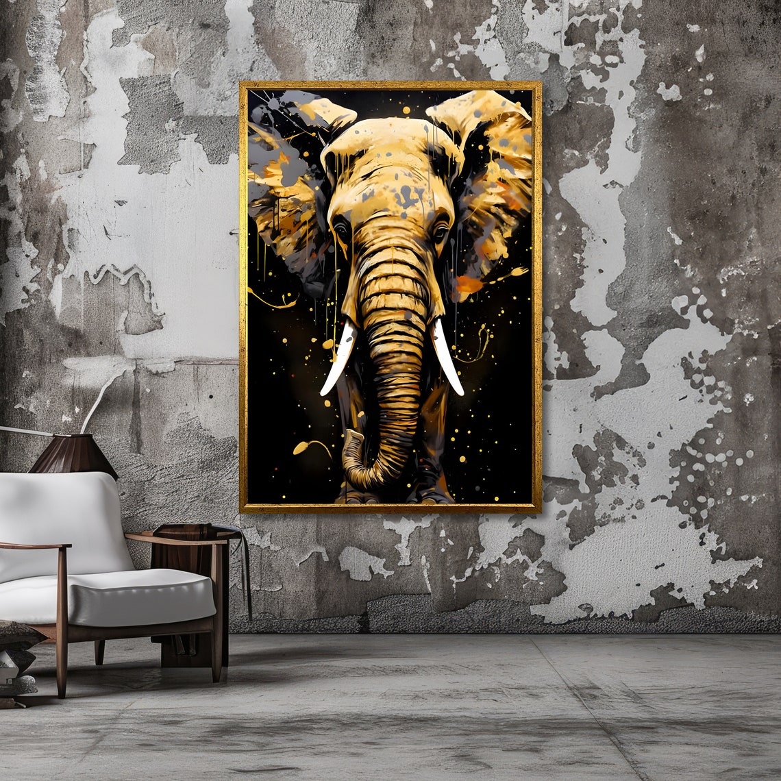 Golden Elephant on Black Background with Paint Splashes Poster - Image 3