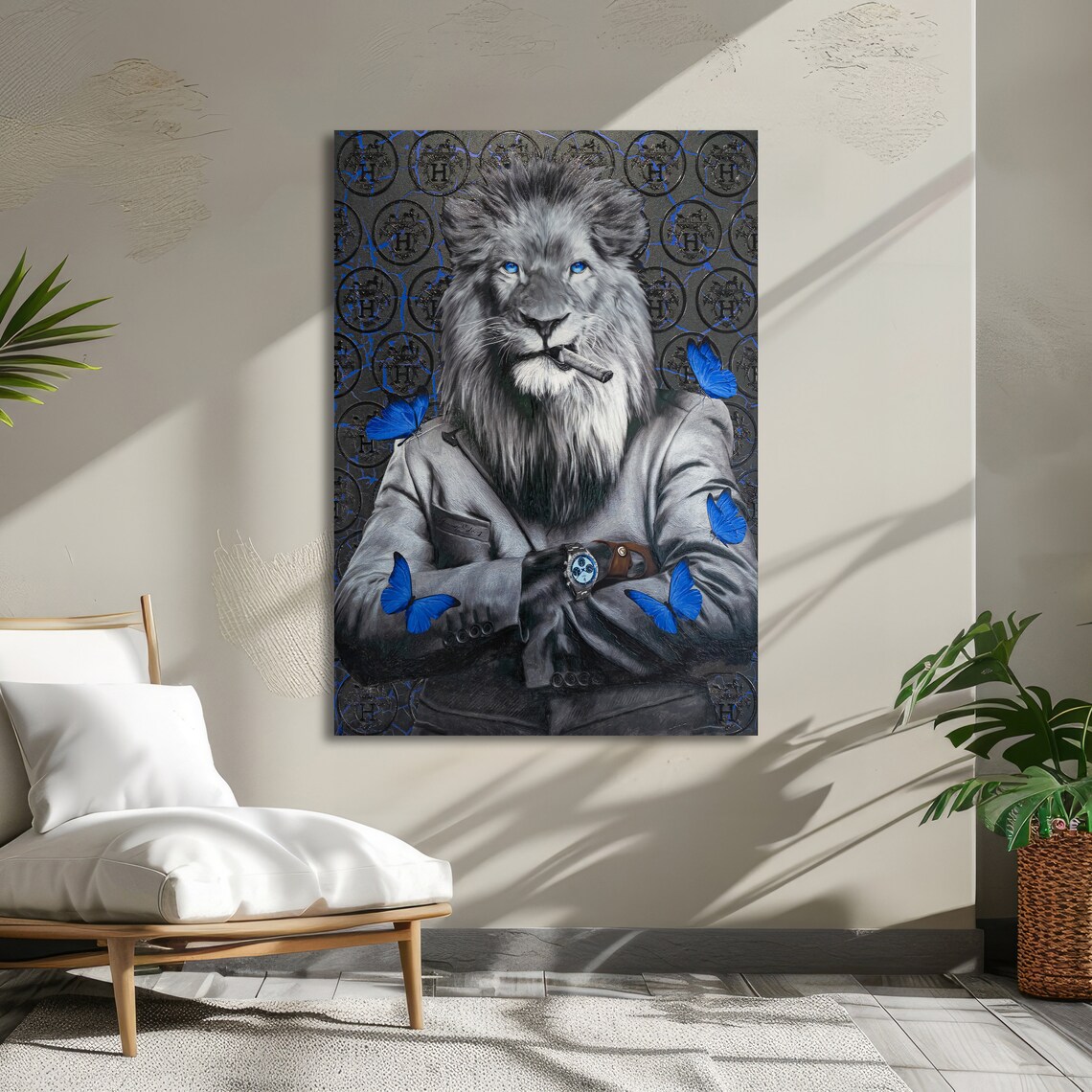 Sophisticated Lion Blue Eyed Lion Art Luxury Animal Portrait Wall Art Design Ready To Hang Decoration - Image 2