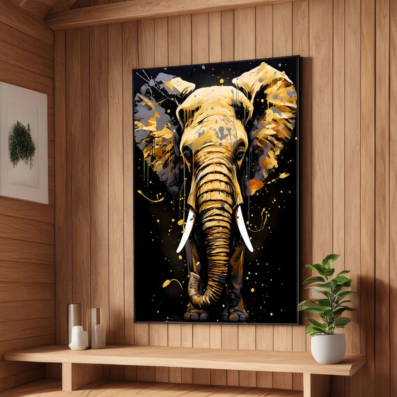 Golden Elephant on Black Background with Paint Splashes Poster
