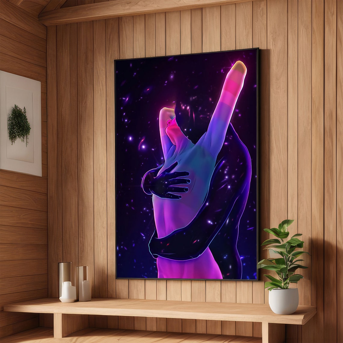Cosmic Embrace Neon Lovers Entwined Beneath Starry Space Poster