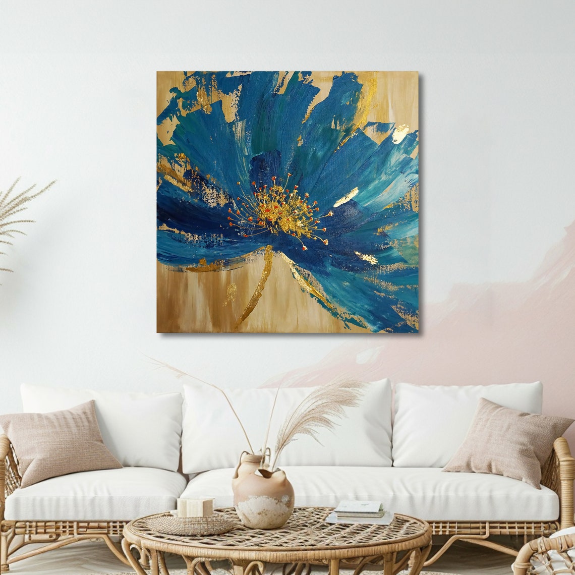 Bold Blue Blossom With Gold Leaf Abstract Floral Painting Art Poster - Image 5