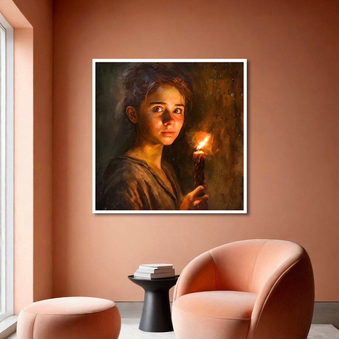 Young Woman Holding a Lit Candle Warm Chiaroscuro Portrait Art Poster - Image 6