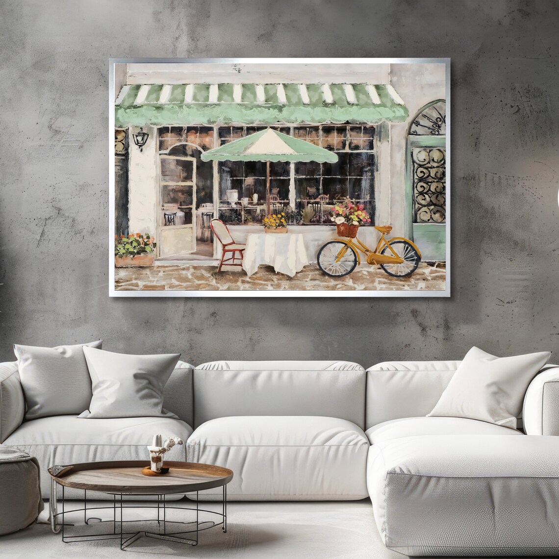 Charming European Cafe Storefront With Green Awning and Bicycle Art Poster - Image 4