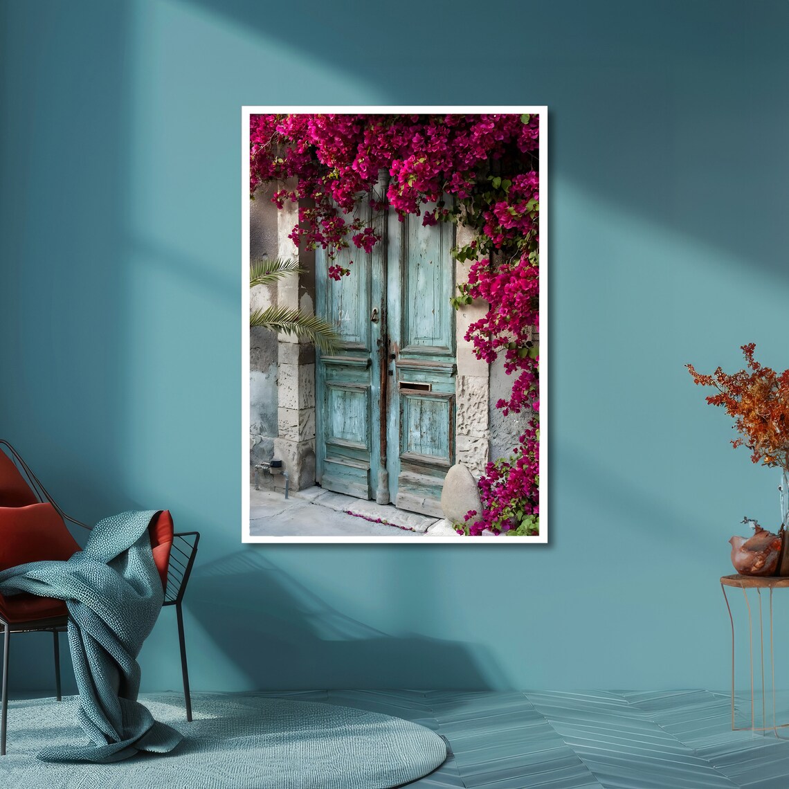 Rustic Blue Door With Pink Bougainvillea Mediterranean Poster - Image 6