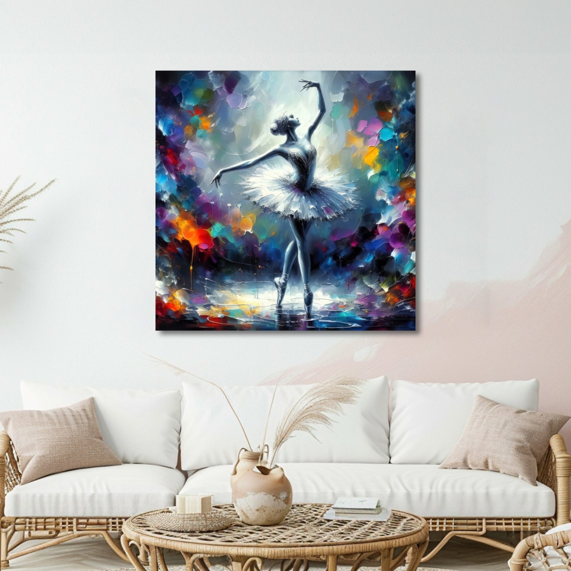 Graceful Ballerina in White Tutu on Vibrant Abstract Stage Art Poster - Image 5