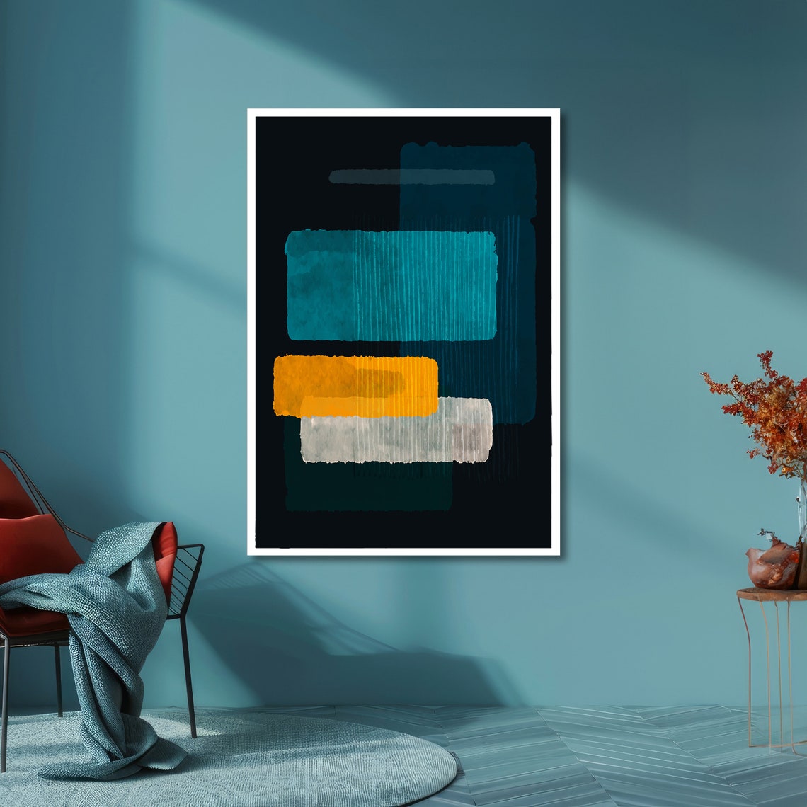 Rothko-Style Teal Orange White Blocks on Black Ground Poster - Image 5
