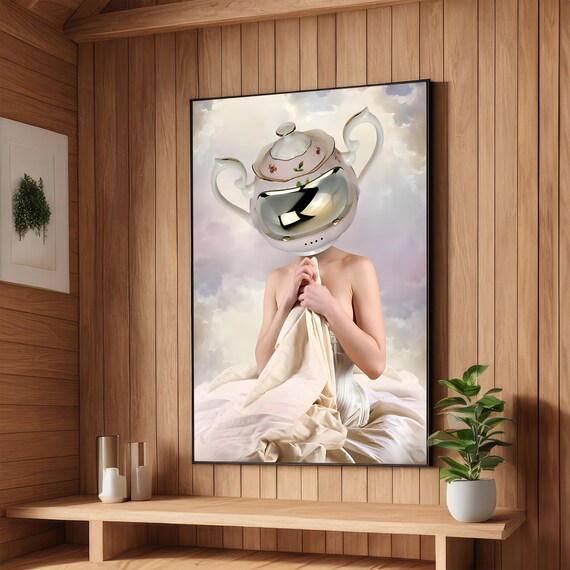 Vintage Lady With Teapot Helmet Surreal Wall Art Whimsical Art Print Ready To Hang Decor