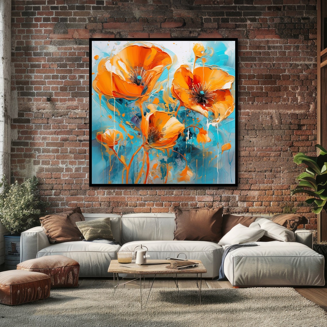 Orange Poppies On Turquoise Background Modern Bold Floral Poster - Image 6