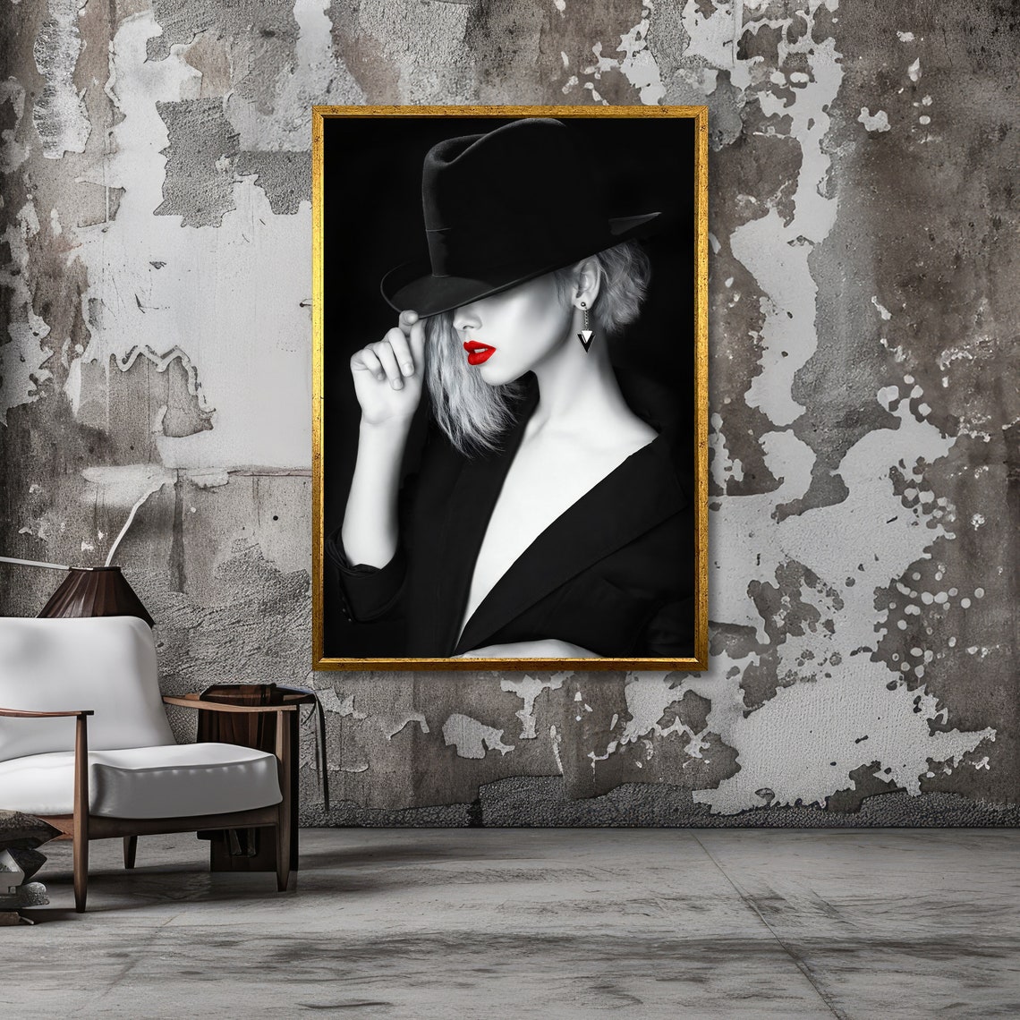 Striking Mysterious Woman In Black Hat Red Lips Noir Elegance Poster - Image 3