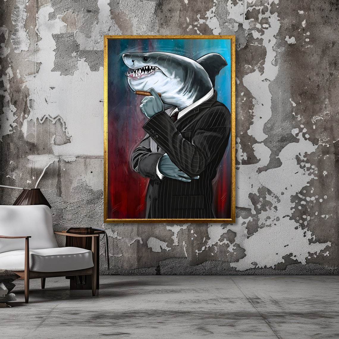 Business Shark in Pinstripe Suit Smoking a Cigar Funny Office Poster - Image 3