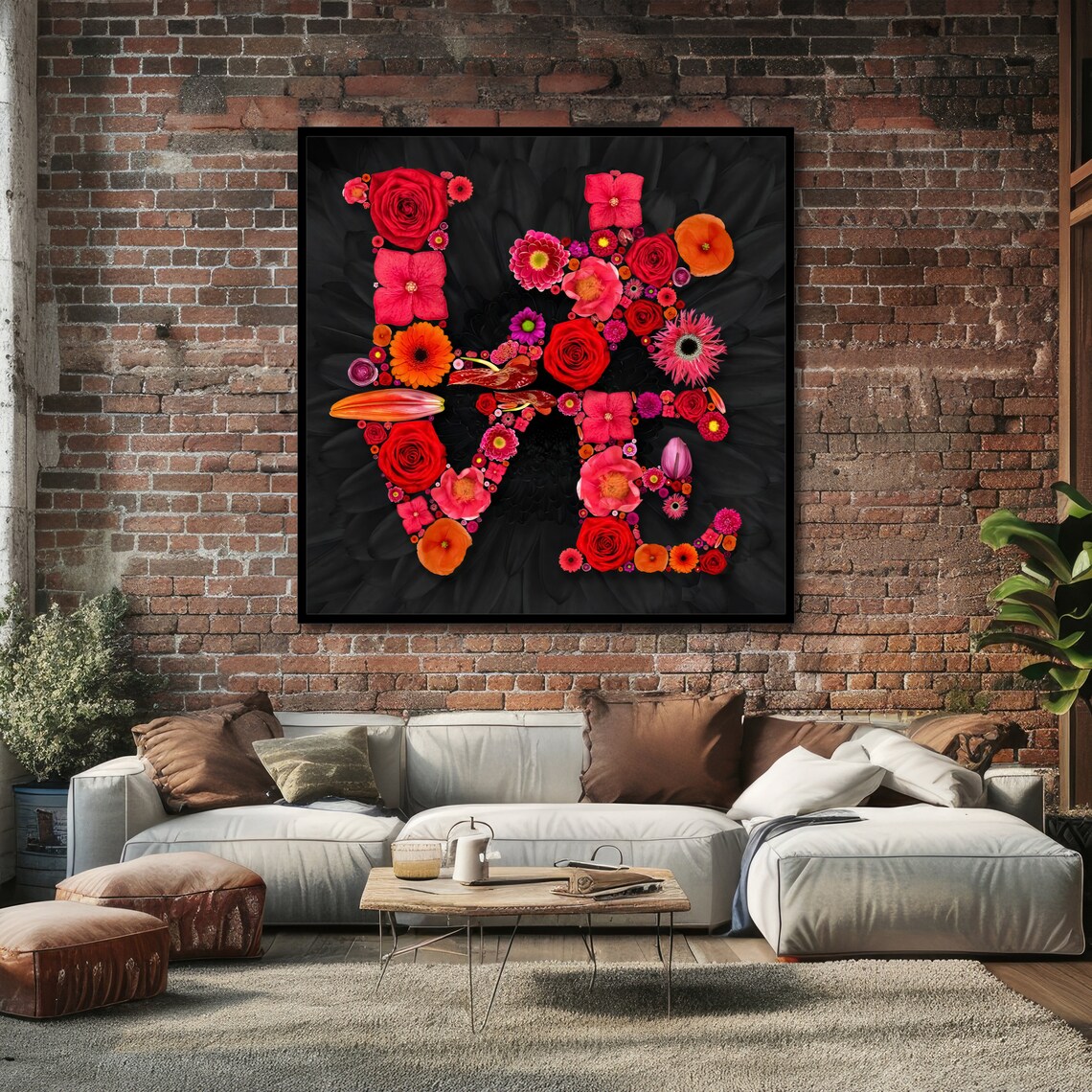 LOVE Word Formed Entirely From Red and Pink Blooms on Black Art Poster - Image 4