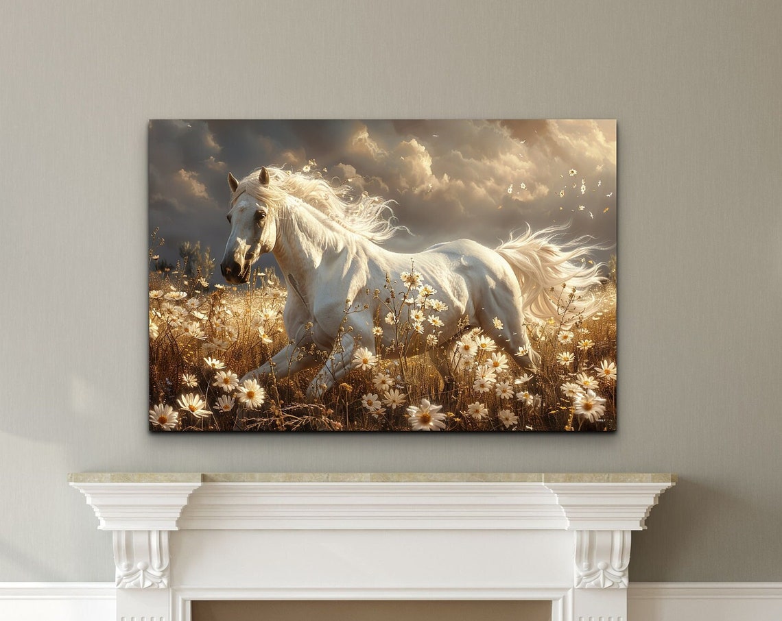 White Horse Galloping Daisy Field Golden Sunset Equine Poster