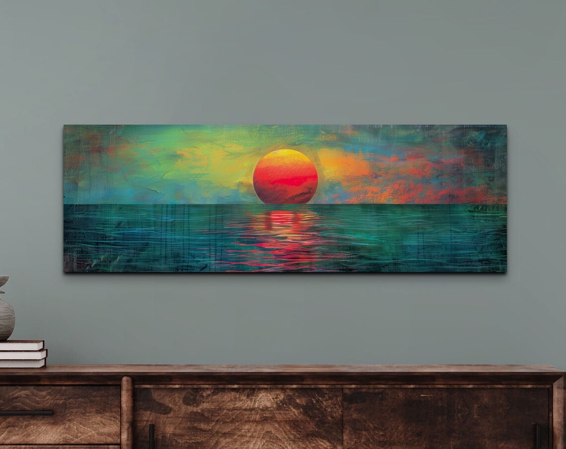 Sunset Over The Emerald Green Ocean, Vintage Art Print
